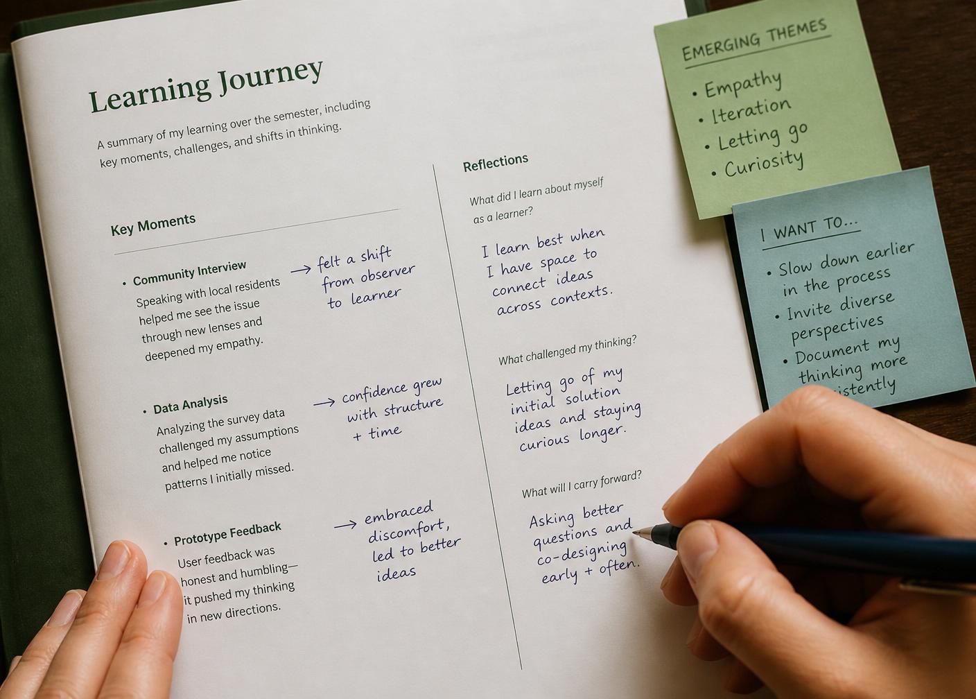 Hands annotating a printed learning journey with themes on sticky notes.